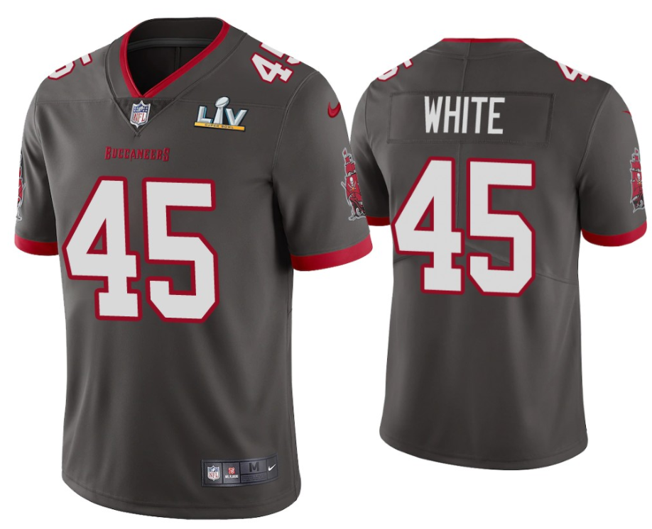 Men's Tampa Bay Buccaneers #45 Devin White Grey 2021 Super Bowl LV Limited Stitched NFL Jersey Men's Tampa Bay Buccaneers #45 Devin White Grey 2021 Super Bowl LV Limited Stitched NFL Jersey